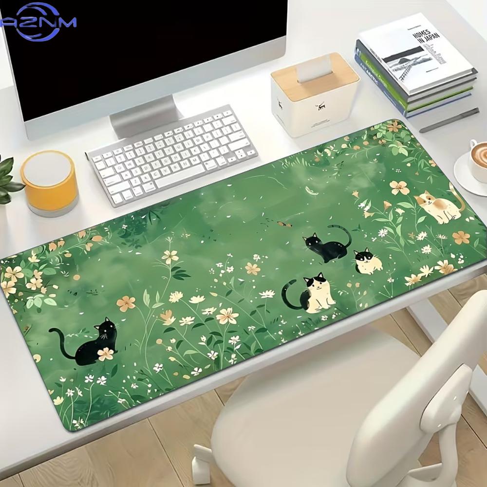 Desk Setup With Laptop - Floral Cute Cat Large Gaming Mouse